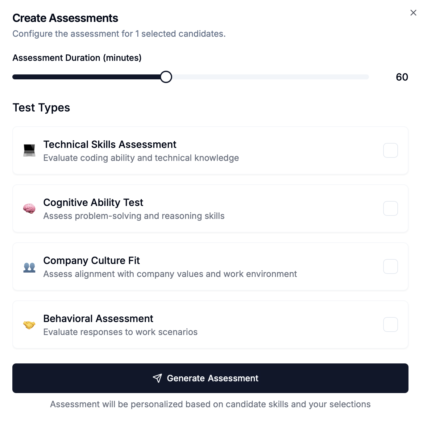 Assessment creation interface showing technical skills, cognitive ability, culture fit, and behavioral evaluations