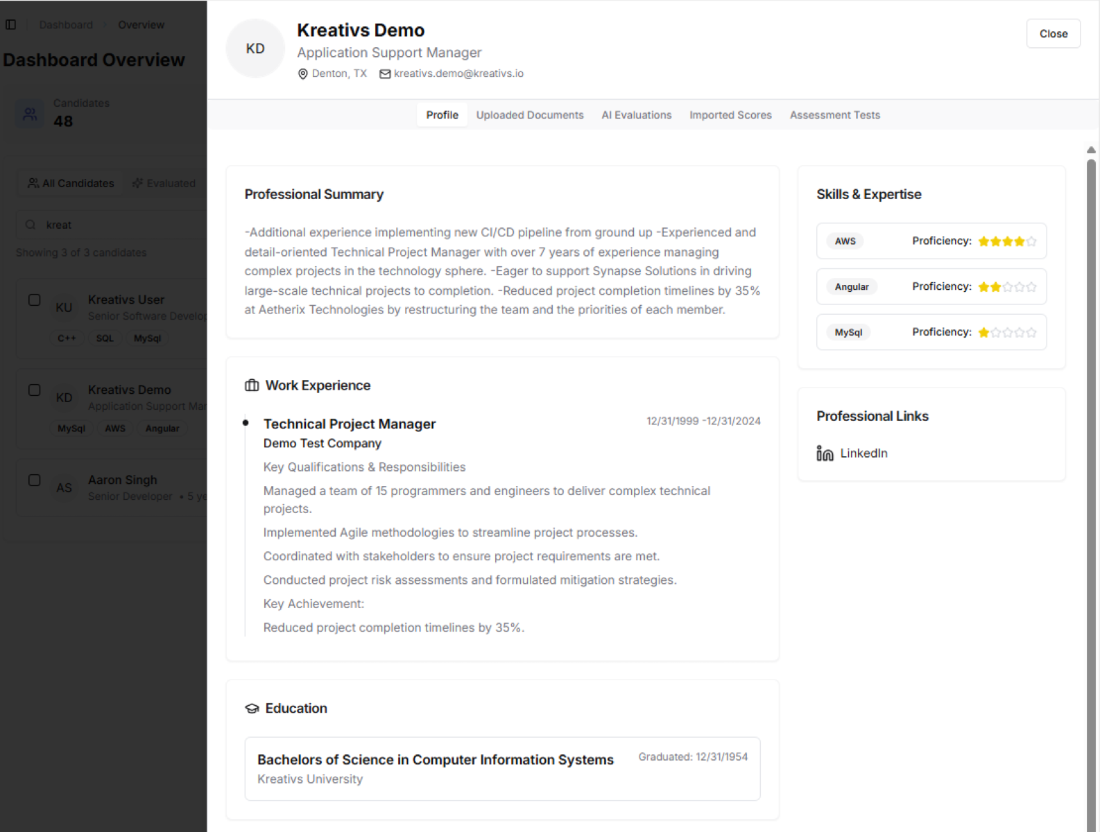 Candidate profile showing professional summary, skills, and work experience